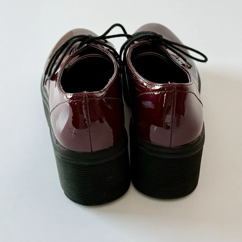 Forever 21 Women Oxford Sz 8 Burgundy Red Faux Patent Leather Lace Chunky Shoes